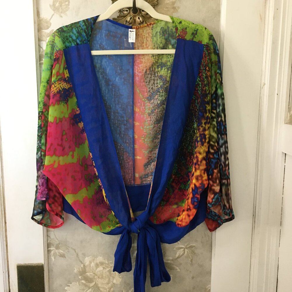 Zeki Italy Sheer Mulicolor 3/4 Sleeve Crop Top Wrap Tie Blouse- Size Large